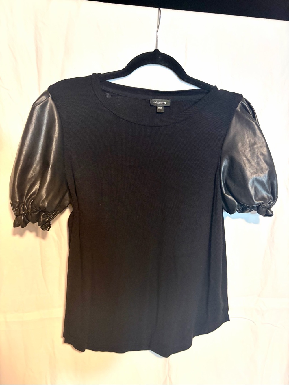 mittoshop Black Puff Sleeve Tee with Faux-Leather Sleeves
